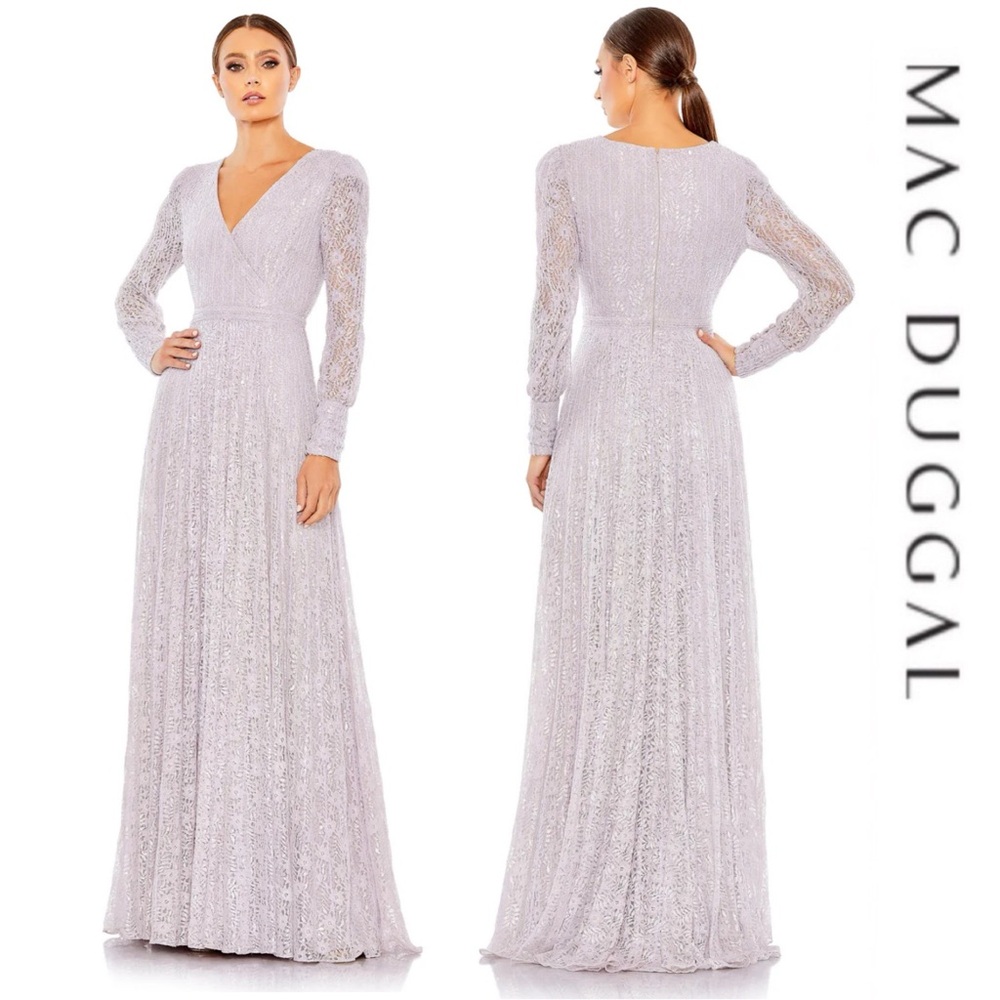 Mac Duggal - Lavender Beaded Lace along Sleeved Wrap Over Gown